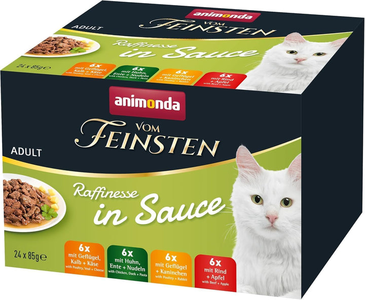 Animonda Vom Feinsten Adult Raffinesse Hrană pentru pisici în jeleu cu pui și carne de vită (24 X 85 G), hrană umedă cu taurină și vitamina D3, fără adaos de soia, zahăr și conservanți