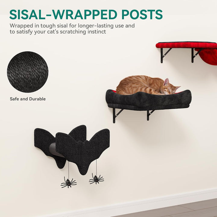 YITAHOME Set de perete de cățărat gotic pentru pisici, fabricat din flanel, mobilier robust pentru pisici din 5 piese cu căsuță pentru pisici, pat pentru pisici, hamac pentru pisici, coloană din sisal cu păianjen pentru dormit, joacă sau relaxează pisica
