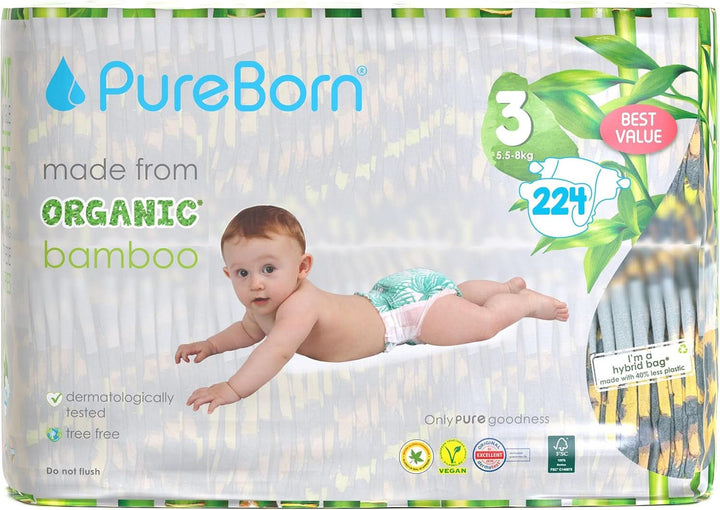 Scutece din bambus organic Pureborn Eco, marimea 3 (5,5-8 kg), 224 bucati (2 x 112), ecologice, hipoalergenice, ultra-moale, cu indicator de umiditate, diverse imprimeuri Mama si Copilul Naty Shop