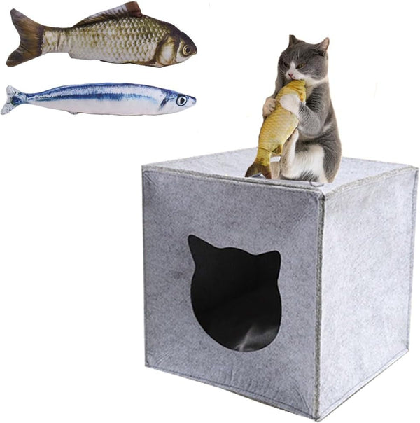 Peșteră pliabilă pentru pisici cu jucărie - Pat pentru pisici pentru dormit, ascundere, joacă și zgâriat, 33 x 33 x 37 cm, pentru rafturi IKEA și Kallax, cu jucărie pește, jucărie catnip