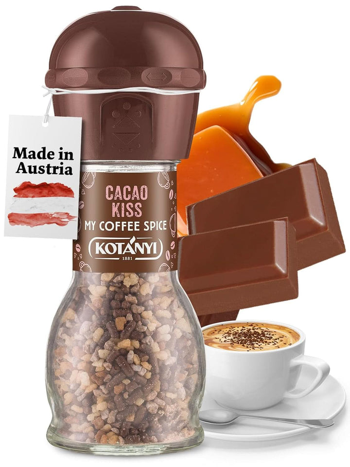 Topping pentru cafea Kotanyi Cacao Kiss | Ciocolată minunată cu bucăți fine de ciocolată, pachet de 4 (4 X 63 grame) Naty Shop Cacao Kiss 1 râșniță manuala cu cacao