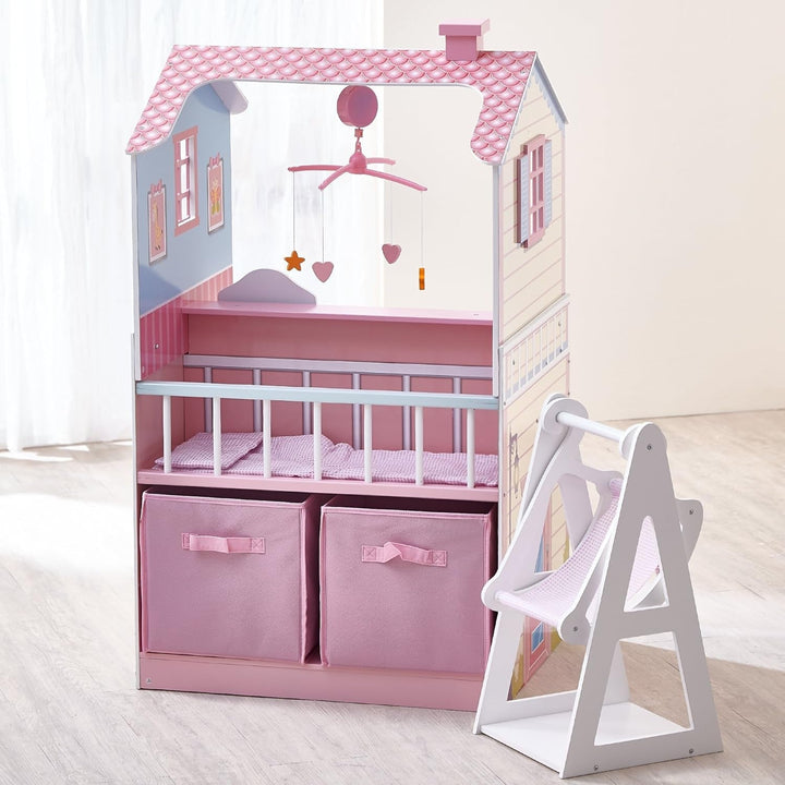 Olivia's Little World 2 En 1 Casă de păpuși și stație de schimbare Masa de schimbare Playset pentru păpuși din lemn cu scaun înalt TD-11460A Casute de papusi Naty Shop