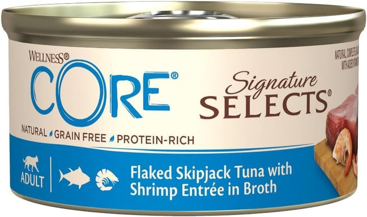 Wellness CORE Signature Selects Fish Bundle, 48 X 79G, fulgi de bonito și creveți, fulgi de bonito și somon, hrană umedă pentru pisici adulte în bulion, fără zahăr adăugat, fără cereale, cu conținut ridicat de carne