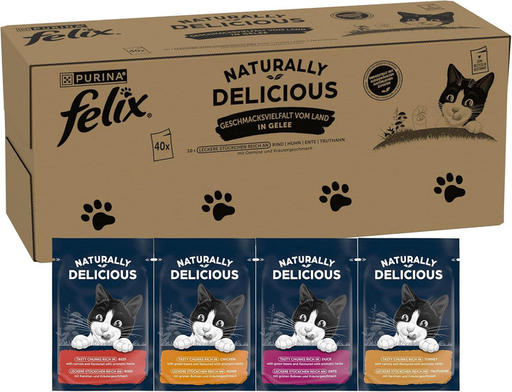 Felix Naturally Delicious, hrană umedă pentru pisici cu aromă de varietate din țară cu legume în jeleu, pachet de 80 (2X40X80G)