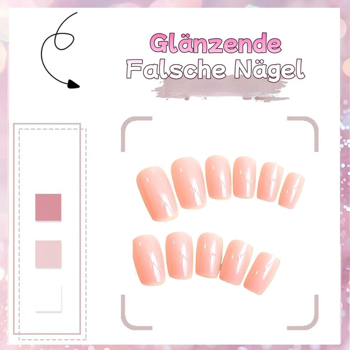 24 bucăți unghii false roz, culoare solidă, autoadezive, unghii artificiale neutre, pătrate medii, gel moale pentru femei, DIY, unghii false strălucitoare cu acoperire completă