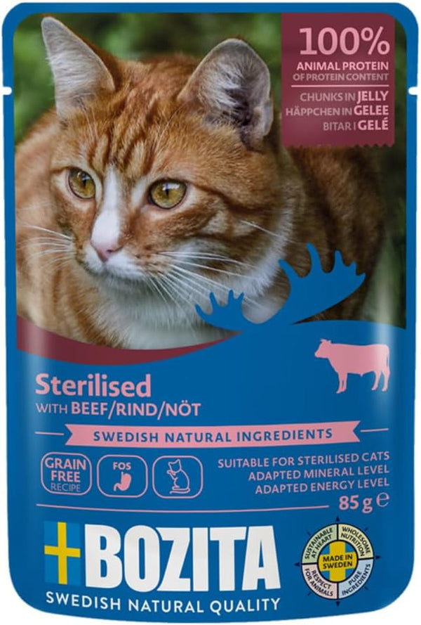 Bozita Sterilised Wet Food Morsels in Jelly With Beef - 12X85G săculeți Grain Free & Wheat Free Food For Cats - Hrană umedă pentru pisici cu un conținut de 8,5% proteine și 3,5% grăsimi