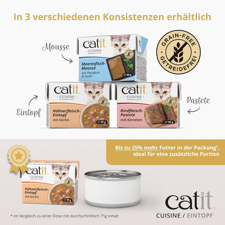 Catit Cuisine - Hrană umedă premium pentru pisici - Tocăniță cu fructe de mare și dovleac, hrană complementară, 95G, fără cereale, conținut ridicat de carne