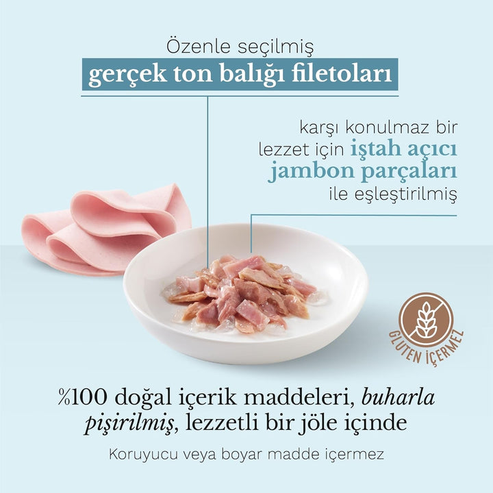 , Ton cu jeleu de șuncă, Hrană umedă completă pentru pisici, Cu adaos de vitamine, 100% naturală, 6 cutii a 85 G