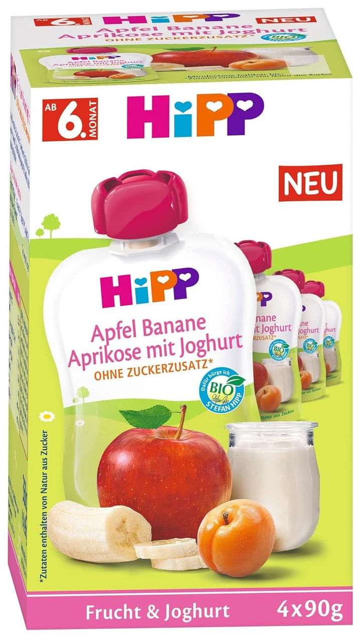 Hipp Organic Fructe și Iaurt Măr Banane Caise cu Iaurt 4 x 90 g, pachet de 4 (4 x 4 x 90 g) Mama si Copilul Naty Shop
