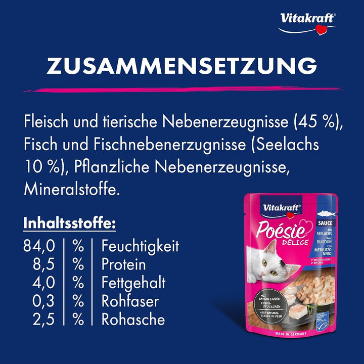Vitakraft Poésie Délice, hrană umedă pentru pisici, hrană umedă pentru pisici în sos, cu pollock, preambalată, fără adaos de zahăr și cereale (23X 85G)