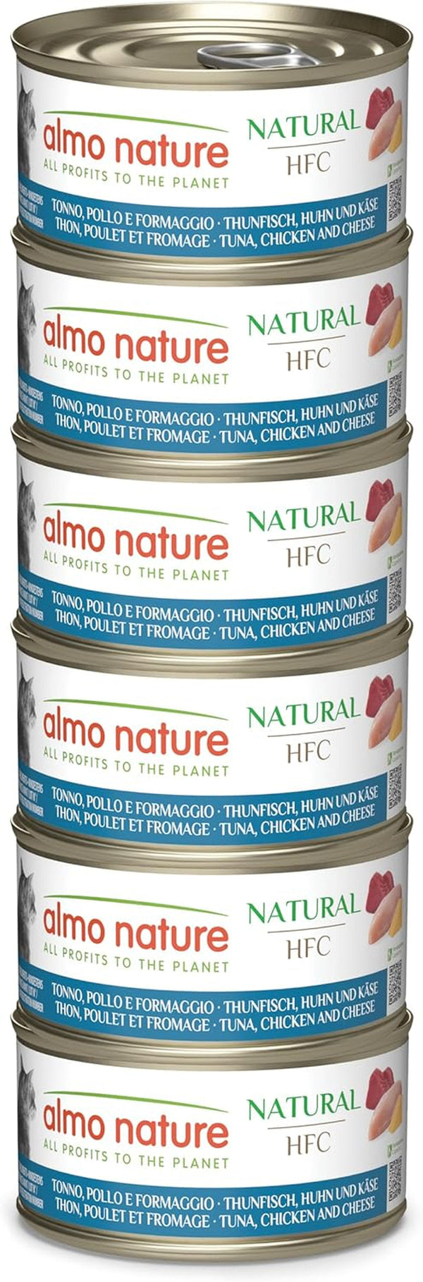 Almo Nature HFC Natural - Hrană umedă pentru pisici adulte - ton, pui și brânză - Human Grade, fără gluten - 6 X 70G