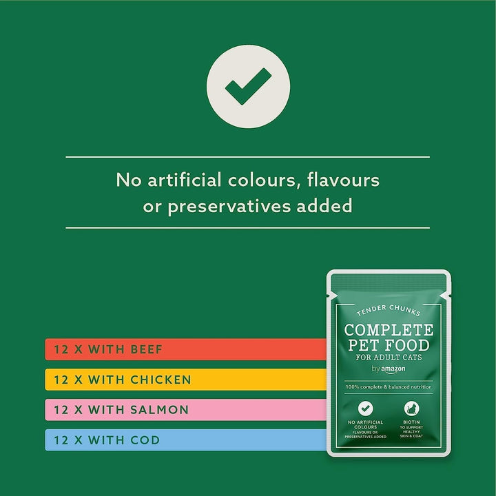 By Amazon Hrană pentru pisici, umedă, pentru pisici adulte, Mixed Choice in Sauce, 4.8Kg (48 pachete de 100G)