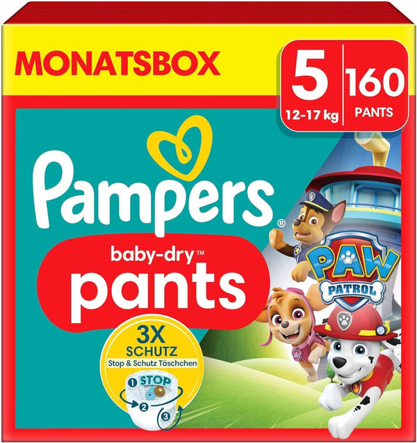 Pampers scutece Paw Patrol Pantaloni mărimea 5 (12-17Kg) Baby-Dry, Junior cu buzunar Stop and Protect, CUTIE LUNARĂ, 160 scutece Naty Shop 5 (160 bucati) Nou