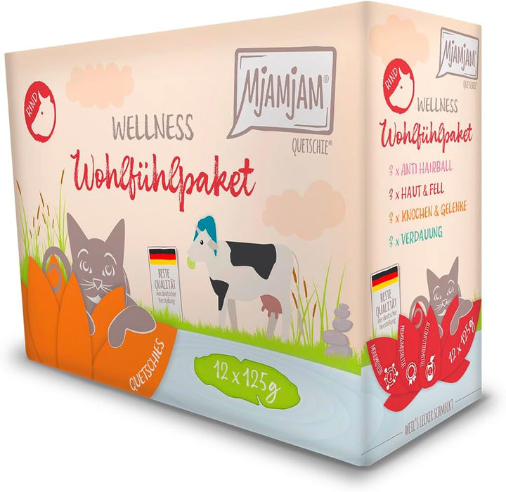 Mjamjam - Hrană umedă premium pentru pisici - Wellness Wellbeing Pack Beef, 12Pack (12 X 125G), fără cereale cu extra carne