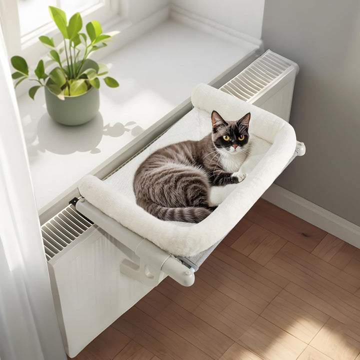GUUSII HOME Șezlong încălzitor Pisici Șezlong pentru pisici Balcon Pat pentru pisici Pentru marginea patului Șezlong suspendat cu încălzire Pat suspendat Hamac Radiator Pisici Șezlong încălzitor Pisici 61,5 * 38cm Capacitate 18Kg (Alb, L)
