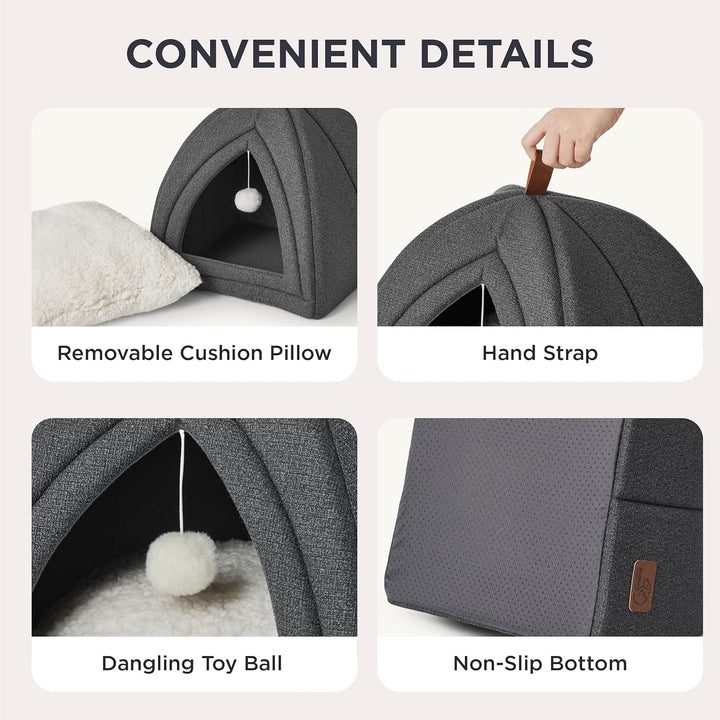 Pat pentru pisici BEDSURE, peșteră mare pentru pisici - căsuță pentru pisici de interior 40 x 40 x 40 cm, cu pernă detașabilă din sherpa și jucărie agățată, pat lavabil pentru pisici, gri închis