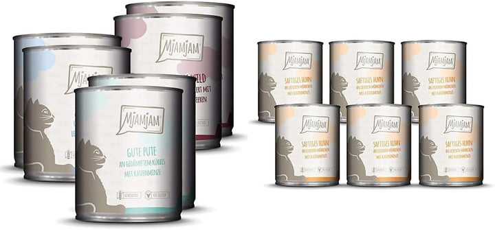 Mjamjam - Hrană umedă premium pentru pisici - Mixpaket II - Game & Rabbit, Turkey & - Hrană umedă premium pentru pisici - Pui suculent cu morcovi gustoși, pachet de 6 (6 X 800 G)