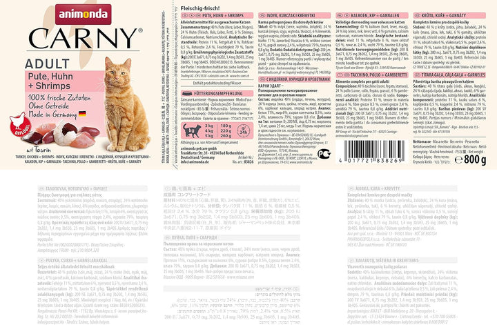 Animonda Carny Hrană umedă pentru pisici Turcia + Pui + Creveți (6 X 800G), Hrană umedă pentru pisici fără cereale, fără zahăr, cu ingrediente din carne proaspătă