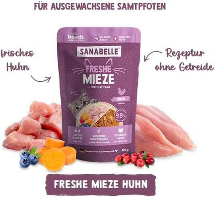 Sanabelle Freshe Mieze - Pui | Pungă de 100 g complet reciclabilă | Hrană umedă pentru pisici gătită la aburi | Hrană pentru pisici proaspăt gătită | O marcă Bosch Pet Food
