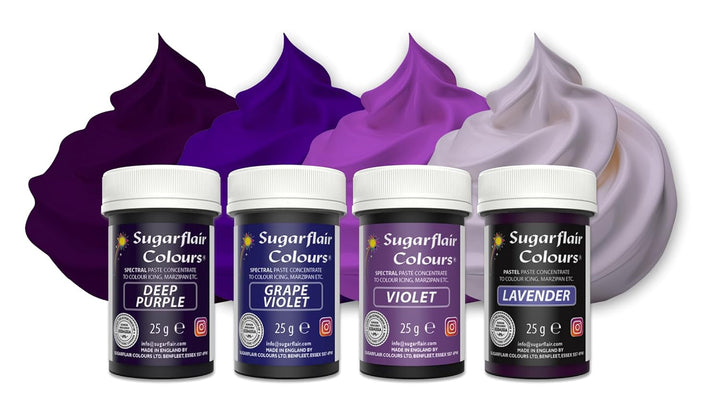 Coloranți alimentari pentru paste Sugarflair, violet, set de 4, coloranți alimentari pentru paste, fondant, marțipan, pastă de zahăr, cremă de unt și multe altele: violet, lavandă, violet struguri, violet intens - set de 4