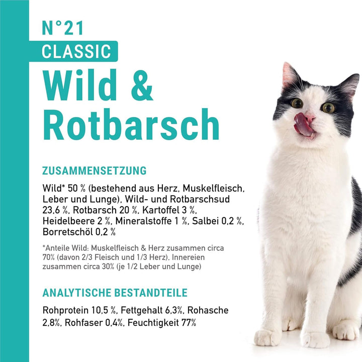 Catz Finefood N° 21 Game & Redfish Delicatessen Hrană umedă pentru pisici, rafinată cu cartofi și afine, cutii de 6 X 800G