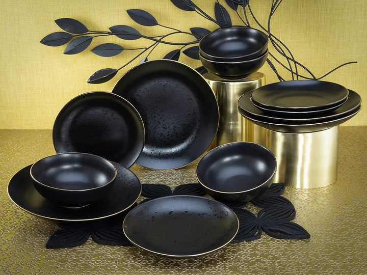 Creatable, 22707, Serie Industrial Gold BLACK, 12-Teiliges Geschirrset, Teller Set Aus Steinzeug, Spülmaschinen- Und Mikrowellengeeignet, Qualitätsproduktion Seturi vesela masa Naty Shop