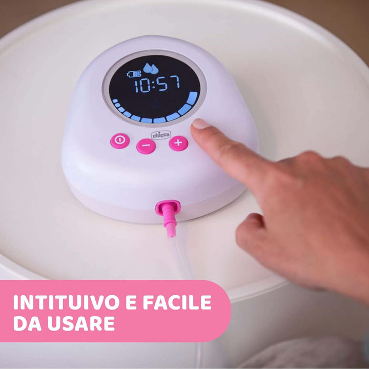 Pompă electrică pentru sân Chicco cu faze de stimulare și extracție, 10 niveluri de intensitate, confortabilă și rapidă, formă ergonomică, cu tetina înclinată și capac etanș, alb, 150 ml Accesorii Hrana si Alaptare Bebe Naty Shop