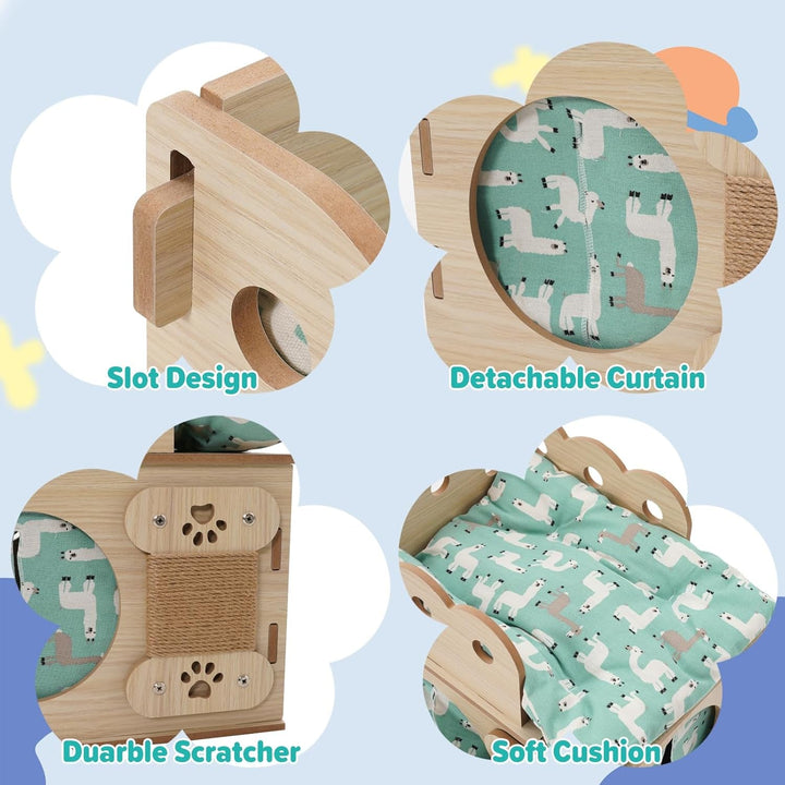 Căsuță din lemn pentru pisici cu covoraș moale, stivuibilă, pliabilă, cub pentru pisici, combinație de cățărat pentru pisici, cu îmbinare spațială