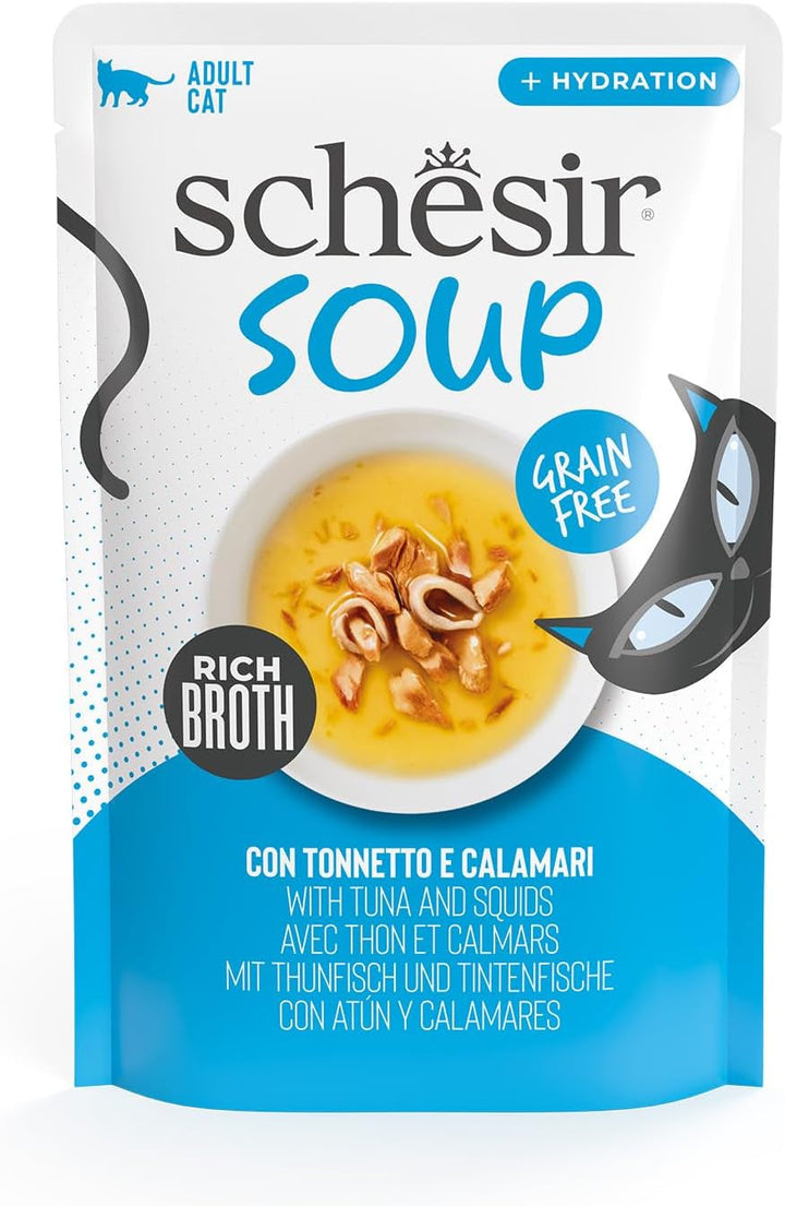 , Supă cu fileuri de ton și calamari, hrană umedă complementară pentru pisici, rețeta originală, 100% naturală, 12 pungi la 40 G