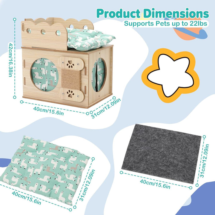 Căsuță din lemn pentru pisici cu covoraș moale, stivuibilă, pliabilă, cub pentru pisici, combinație de cățărat pentru pisici, cu îmbinare spațială