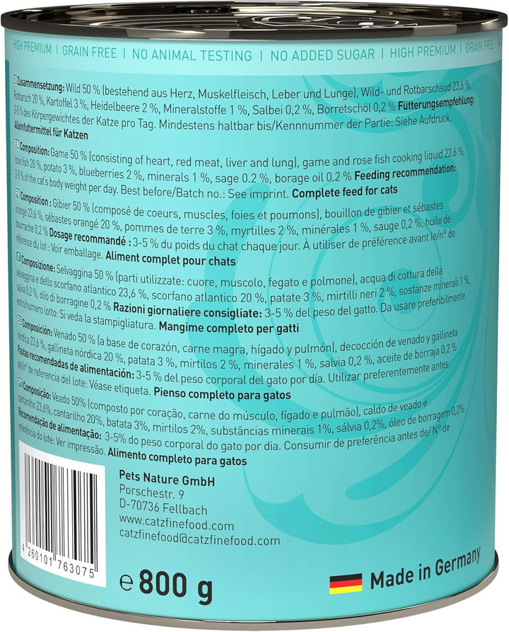 Catz Finefood N° 21 Game & Redfish Delicatessen Hrană umedă pentru pisici, rafinată cu cartofi și afine, cutii de 6 X 800G