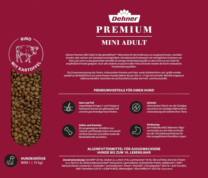 Dehner Premium Cat Food, Hrană umedă fără cereale, Pentru pisici adulte, Carne de vită, cutie 6 X 400 G (2,4 kg)
