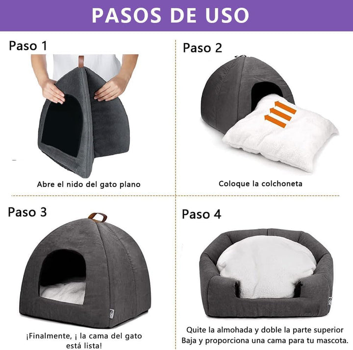 Pat pentru pisici, Peșteră moale pentru pisici, Paturi moi și calde din pluș, Cuib pentru pisici cu pernă interioară detașabilă (Gri L)