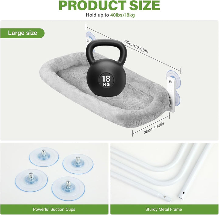 Șezlong pliabil pentru pisici, cu ventuze puternice, 60 x 30 cm, hamac detașabil pentru pisici, capacitate de încărcare de până la 18 kg, pentru ferestre și pervazuri din sticlă, gri