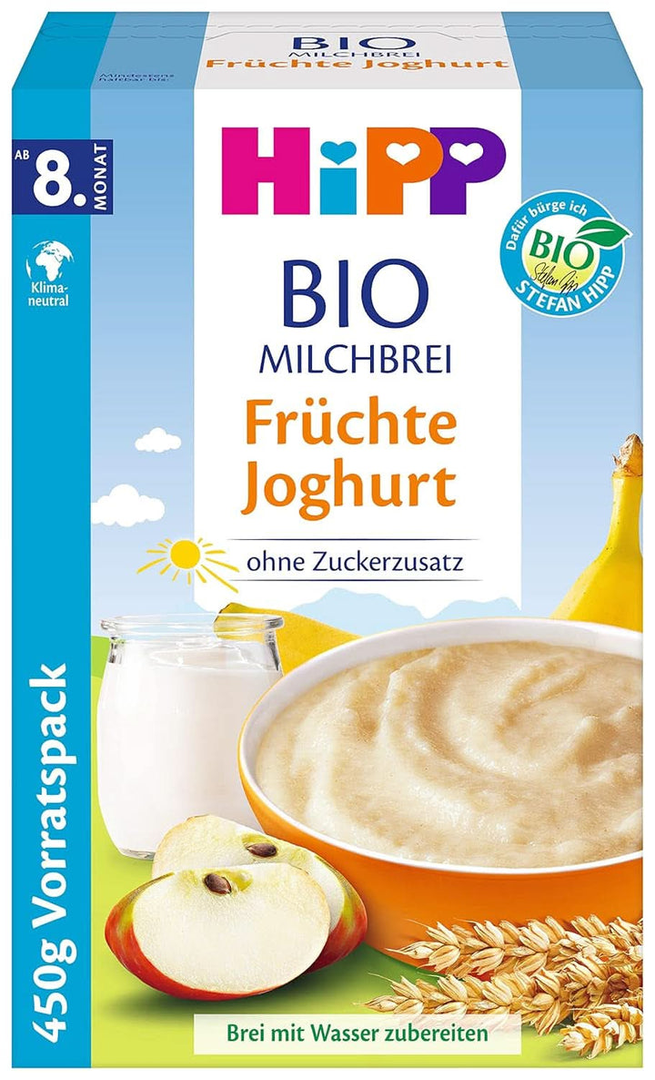 Hipp terci de lapte organic fără adaos de zahăr, semolina si banana, pachet de stocare (4X450 grame) Mama si Copilul Naty Shop 4 x 450 grame Iaurt si fructe
