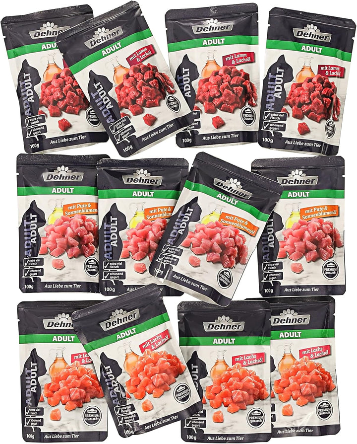 Dehner Premium cat food multipack, hrană umedă, pentru pisici adulte, 4 X miel / curcan / somon fiecare, 12 X pungi de 100 g (1,2 kg)