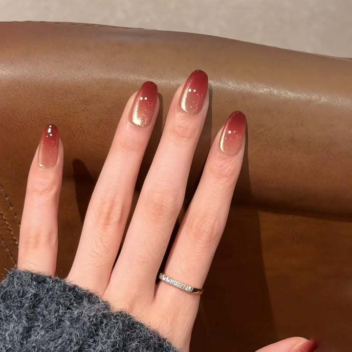 Mouyouglow Unghii False Magnetice Scurte, Roz Migdala Roșu Gradient Sclipici Cat Eye cu Lipici, Unghii Artificiale Roz Roșu Ombre Sclipici Fototerapie Pentru Femei și Fete