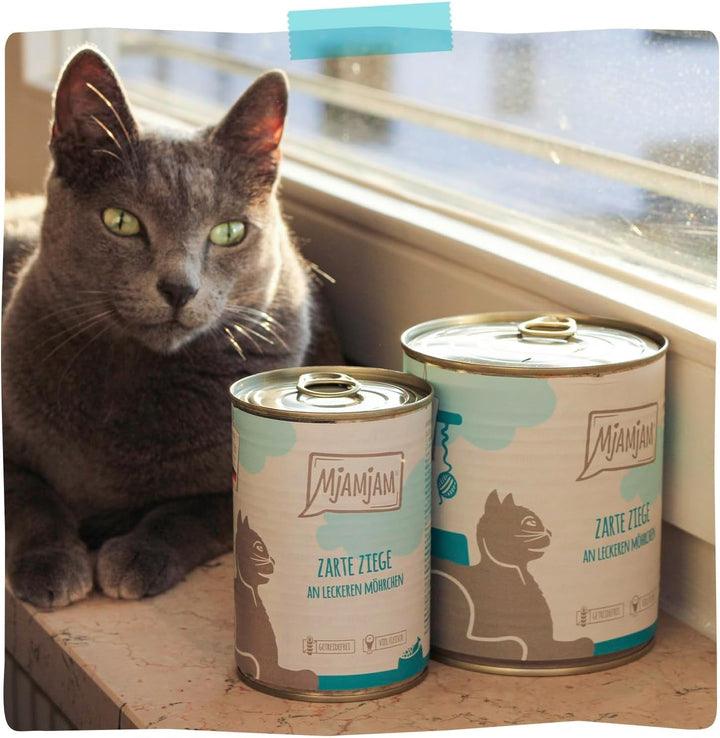 Mjamjam - Hrană umedă premium pentru pisici - Quetschie - Capră tandră cu morcovi delicioși, 1 pachet (1 X 300 G), fără cereale cu extra carne