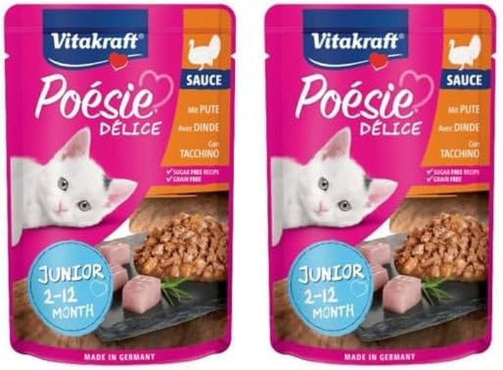 Vitakraft Poésie Délice, Junior, hrană umedă pentru pisici, hrană umedă în sos, cu pui, pentru pisici tinere, fără adaos de zahăr și cereale (1X 85G)