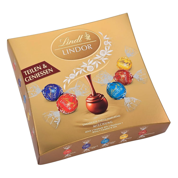 Lindt Chocolate LINDOR Sharing, sfere de ciocolata cu umplutura, 250 grame Bomboane de Ciocolata Naty Shop Sharing Mischung Gold