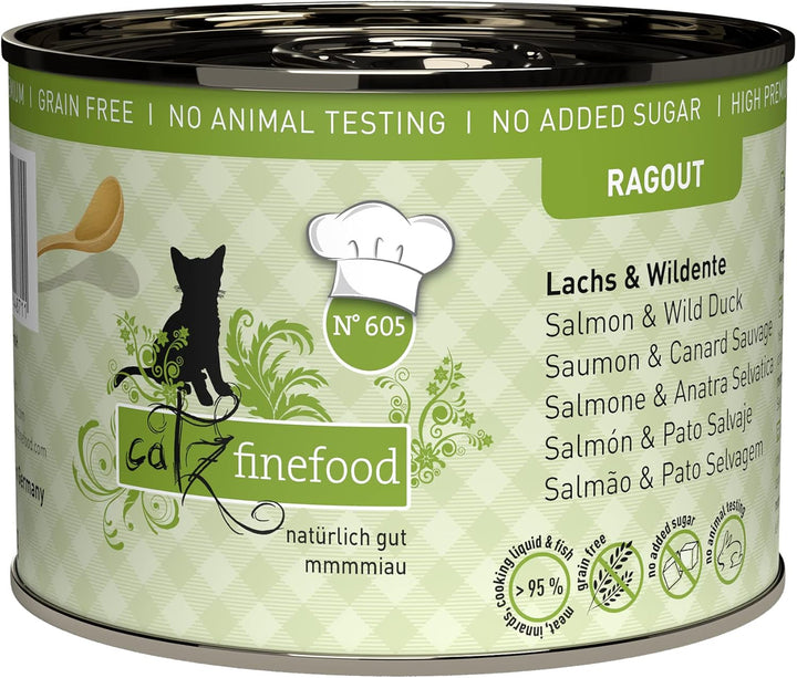 Catz Finefood Ragout N° 605 Salmon & Duck Cat Food Wet - hrană umedă delicatessen pentru pisici în sos fără cereale și zahăr cu conținut ridicat de carne, cutie 6 X 190 G
