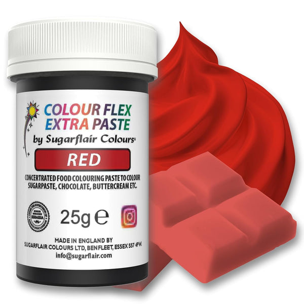 Colorant alimentar Sugarflair Colourflex Extra Paste, roșu - Colorant alimentar comestibil pentru cremă de unt, ciocolată, pastă de zahăr, glazură, fondant, mixuri pentru prăjituri, aluat și multe altele - 25g