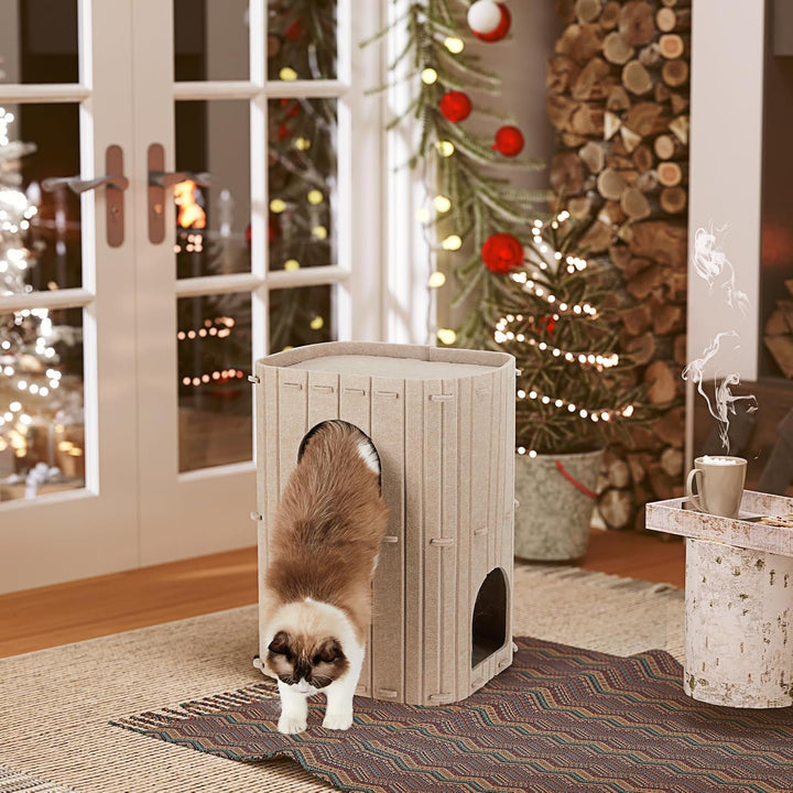 FUKUMARU Peșteră pentru pisici, Peșteră robustă din fetru de înaltă calitate, Căsuță pentru pisici de interior, Pat pentru pisici cu 3 straturi, Peșteră pentru pisici pentru dormit, joacă și ascundere, Peșteră din fetru, Bej, 45 x 37 x 60 cm, Mare