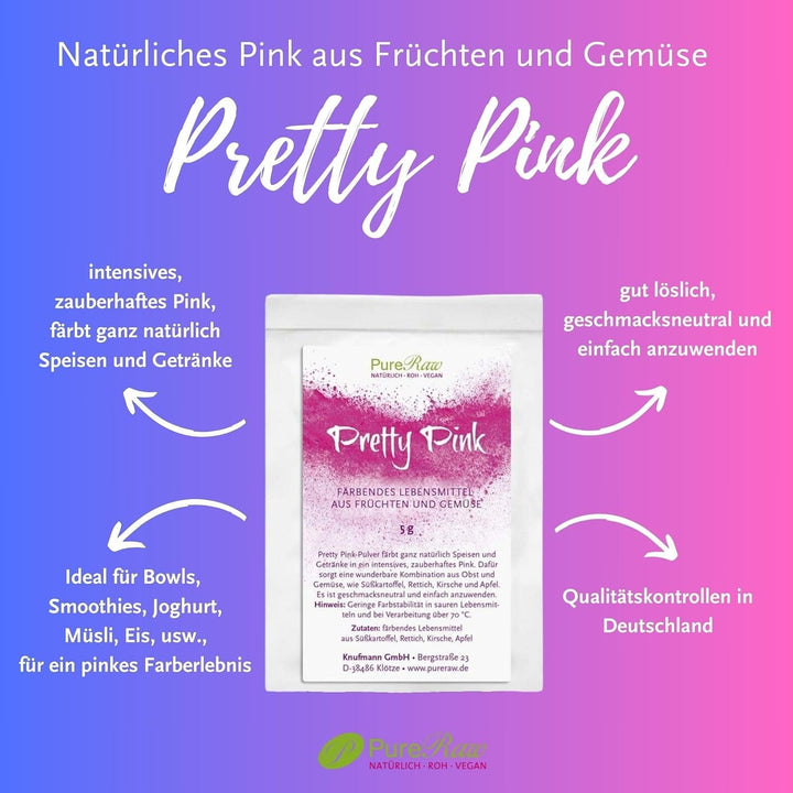 Pretty Pink Natürliche Lebensmittelfarbe Pulver Rosa (Roh Vegan) Pastell Rose Bis Intensiv Rosa-Rot - Essbare Farbe Für Lebensmittel Aus Früchten Und Gemüse - Natural Food Coloring | Pureraw 5G Naty Shop
