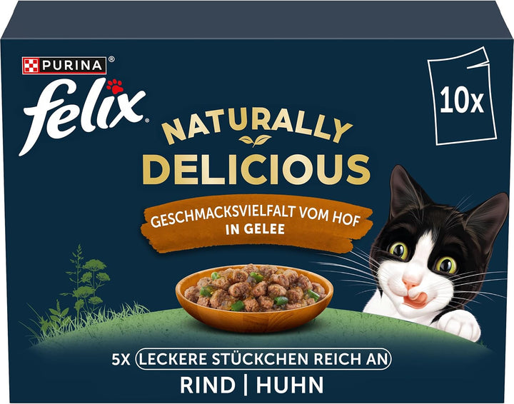 Felix Naturally Delicious, hrană umedă pentru pisici cu aromă de varietate din țară cu legume în jeleu, pachet de 80 (2X40X80G)