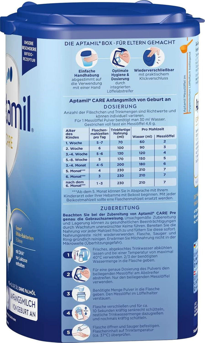 Aptamil Care PRE - Lapte inițial de la naștere, cu DHA, doar lactoză, fără ulei de palmier, mâncare pentru copii, lapte praf, 1x 800 g Mama si Copilul Naty Shop