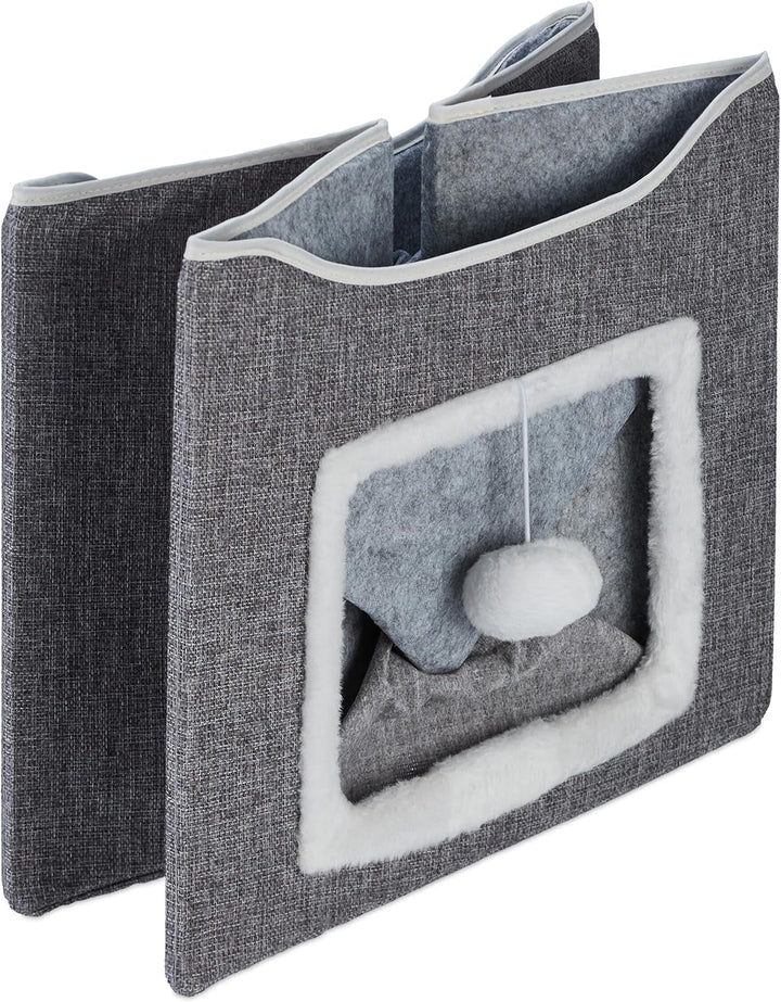 Peșteră Relaxdays pentru pisici, ÎxLxA: 32 x 40 x 40 cm, Zonă de zgâriat, Jucărie pentru pisici, 2 perne pentru pisici, Căsuță pliabilă pentru pisici, Gri