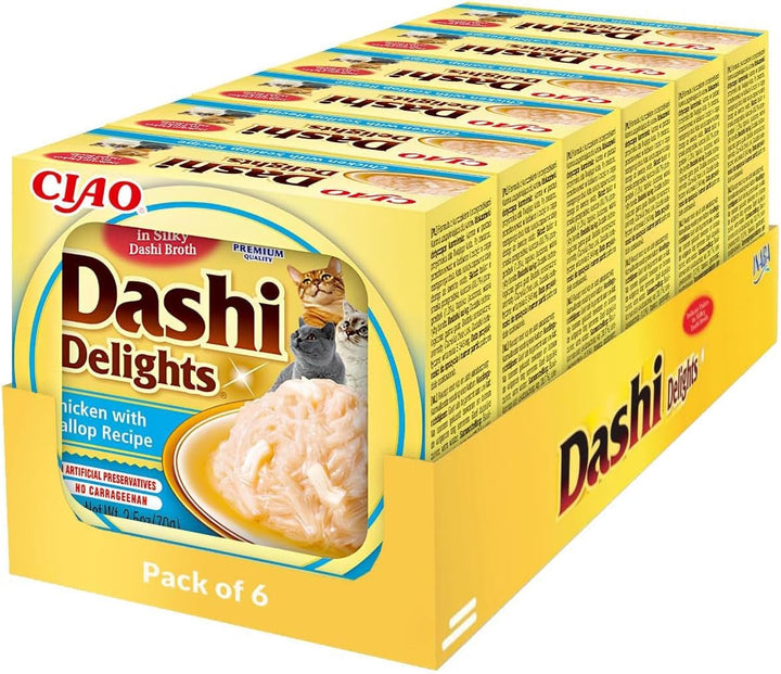 INABA Dashi Delights Hrană umedă pentru pisici 100% pui natural | Fără cereale, fără zahăr, fără arome artificiale, 86% umiditate | Tratamente premium pentru pisici în bulion 70 G (pachet de 6)