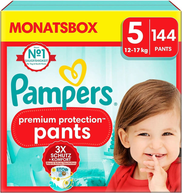 Pampers Baby Nappies Pantaloni mărimea 5 (12-17Kg) Premium Protection, Junior cu buzunar Stop and Protect, 144 scutece Panty Mama si Copilul Naty Shop 5 (144 buc) Premium Protection Pants