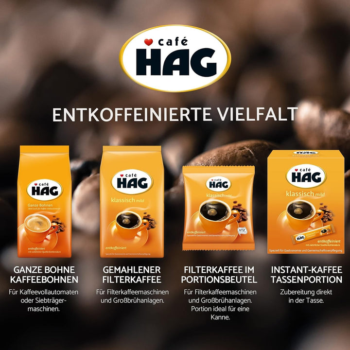 Café HAG Classic Mild Café Crema, boabe de cafea integrală decofeinizată, intensitate 4/5, pentru uz profesional Cafea Naty Shop